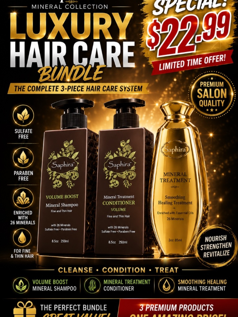 🔥 Saphira Luxury Hair Care Bundle | Salon Quality | 3-Piece Set | Special 22.99